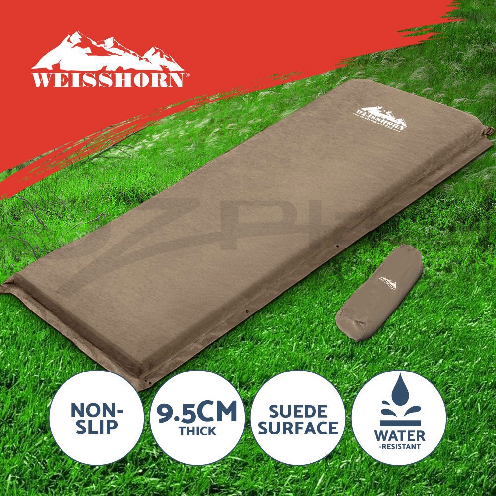 Weisshorn Self Inflating Camping Mattress Single 9.5cm Coffee Roll Up Carry Bag