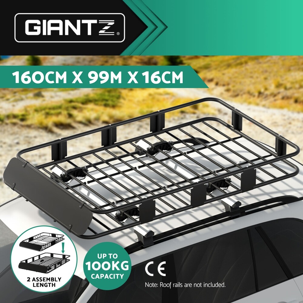 Giantz Universal Roof Rack Basket Steel 160cm 99cm Black 100kg Wind Deflector