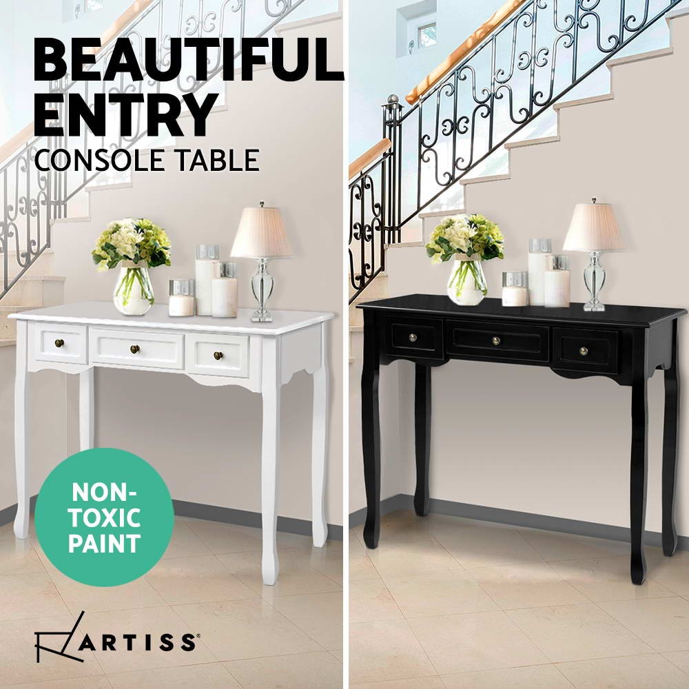 Artiss French Country Console Table Black Wood Entry Hallway 3 Drawers 91cm 40cm