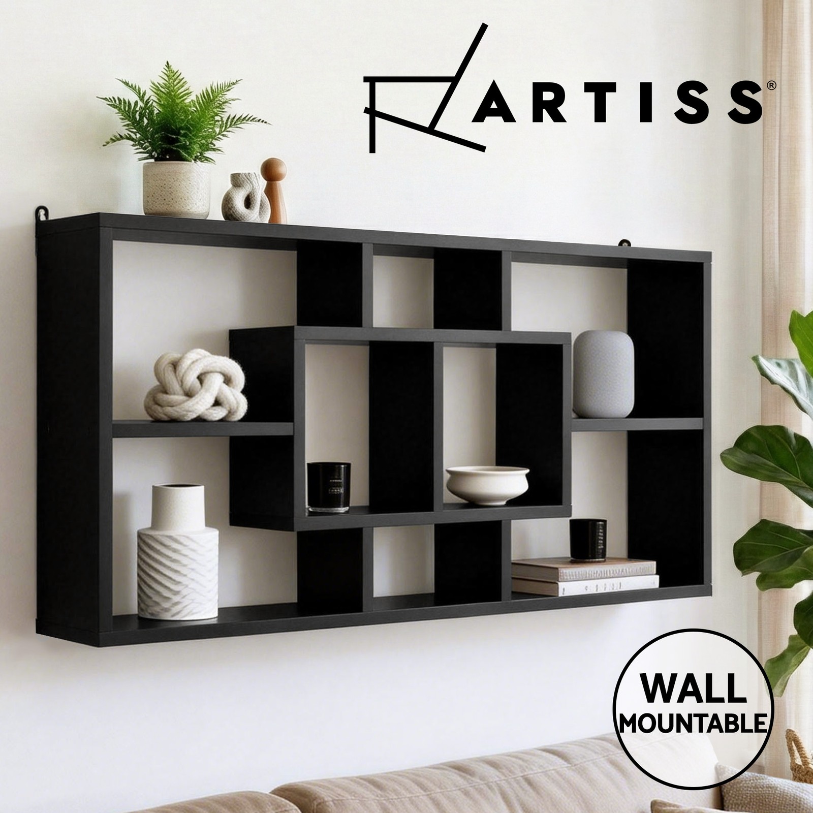 Artiss Floating Shelves Display Bookshelf Black eight Compartments 85cm 16cm