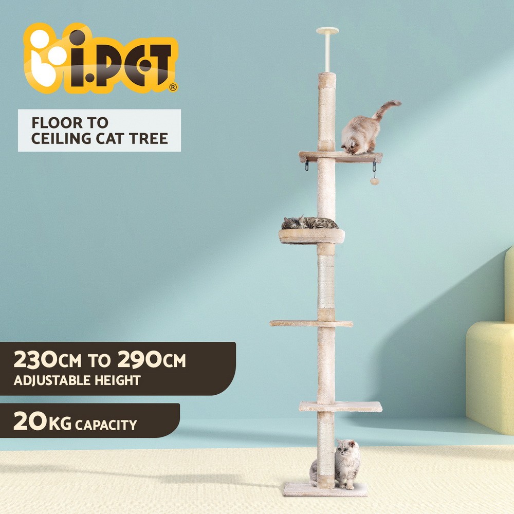 i.Pet Cat Tree Floor to Ceiling Scratching Post Five Platform Beige 290cm Plush