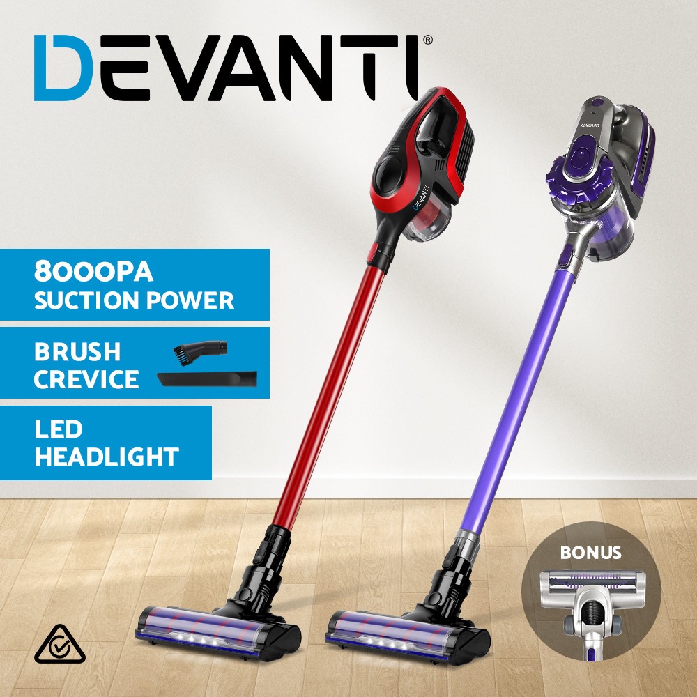 Devanti Cordless Bagless Handstick Vacuum 150W Motorised Roller HEPA Filter