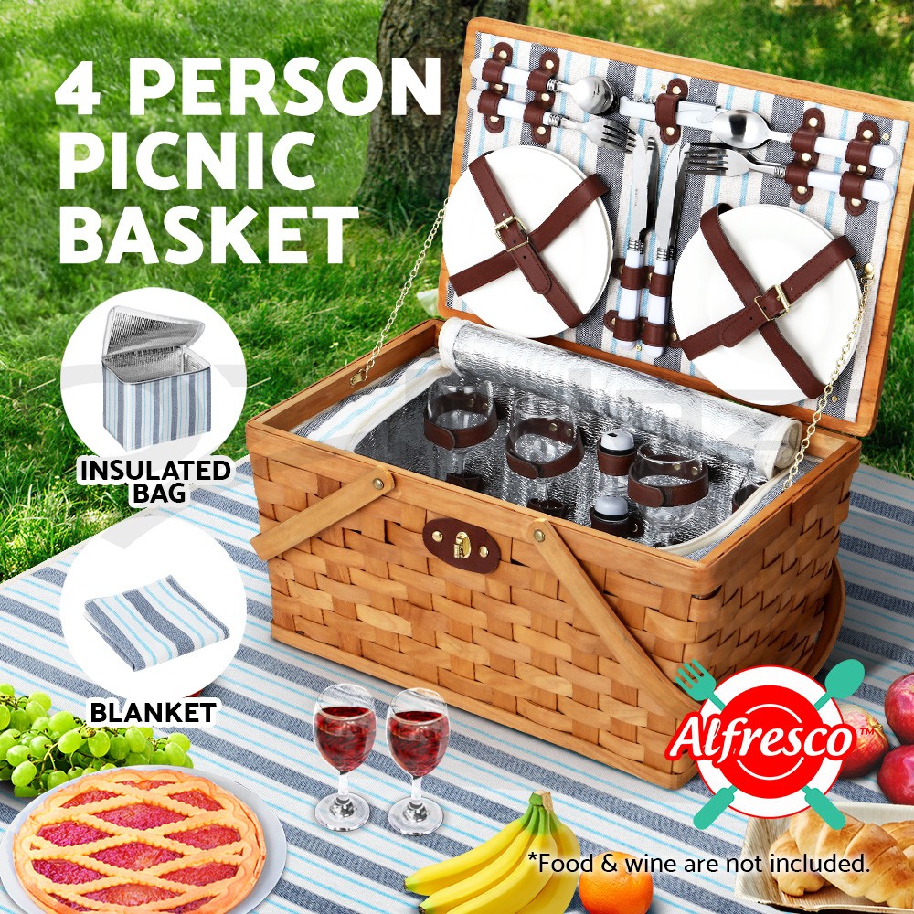 Alfresco 4 Person Wooden Picnic Basket Set Blue Blanket Insulated Cooler Bag