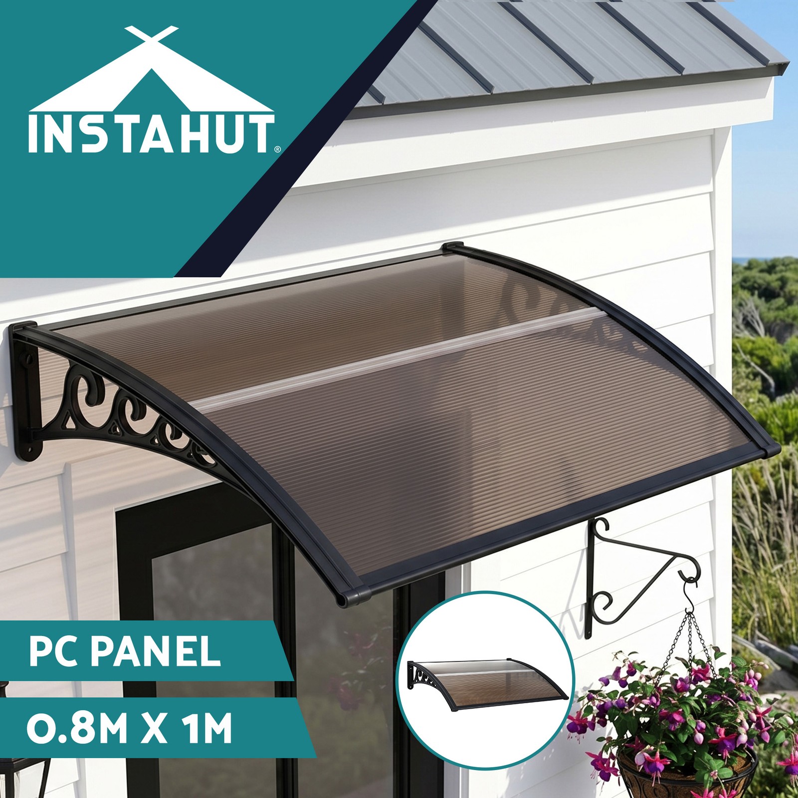 Instahut Door Window Awning 0.8mx1m Brown Hollow PC Panel Black Brackets 5mm