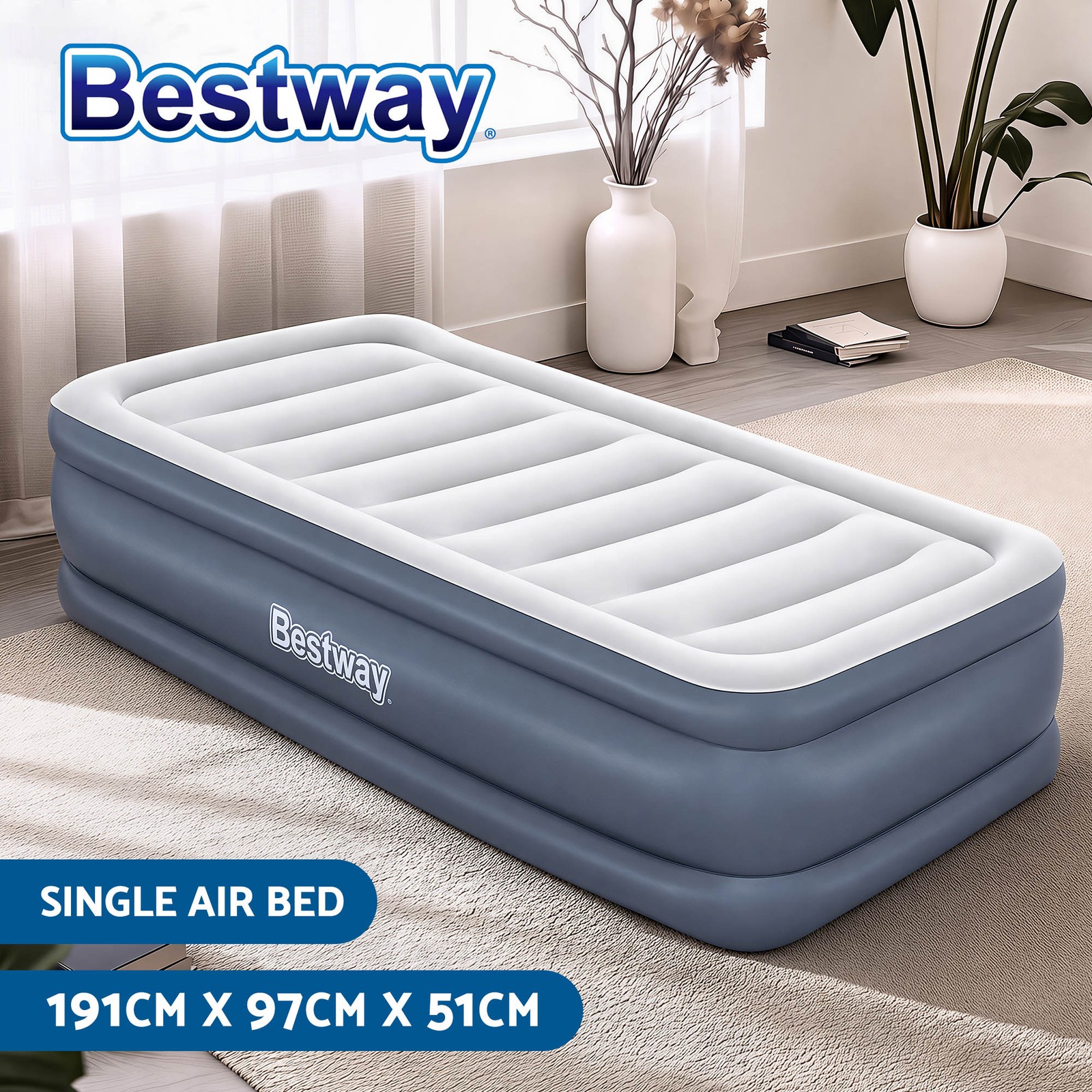 Bestway Single Air Mattress Built-in Pump Flocked Surface 191x97x51cm Carry Bag