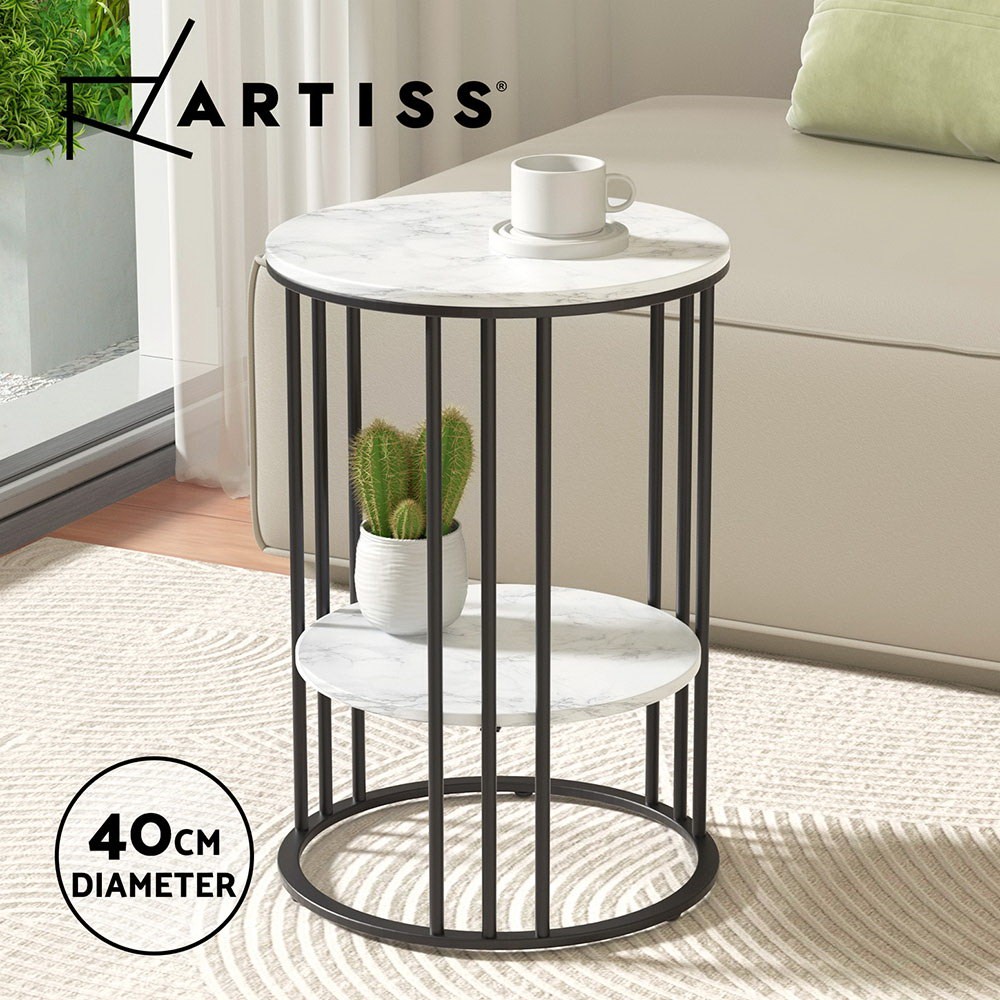 Artiss Round Coffee Table 2-Tier Storage Marble Finish White Black MDF 40cm 54cm