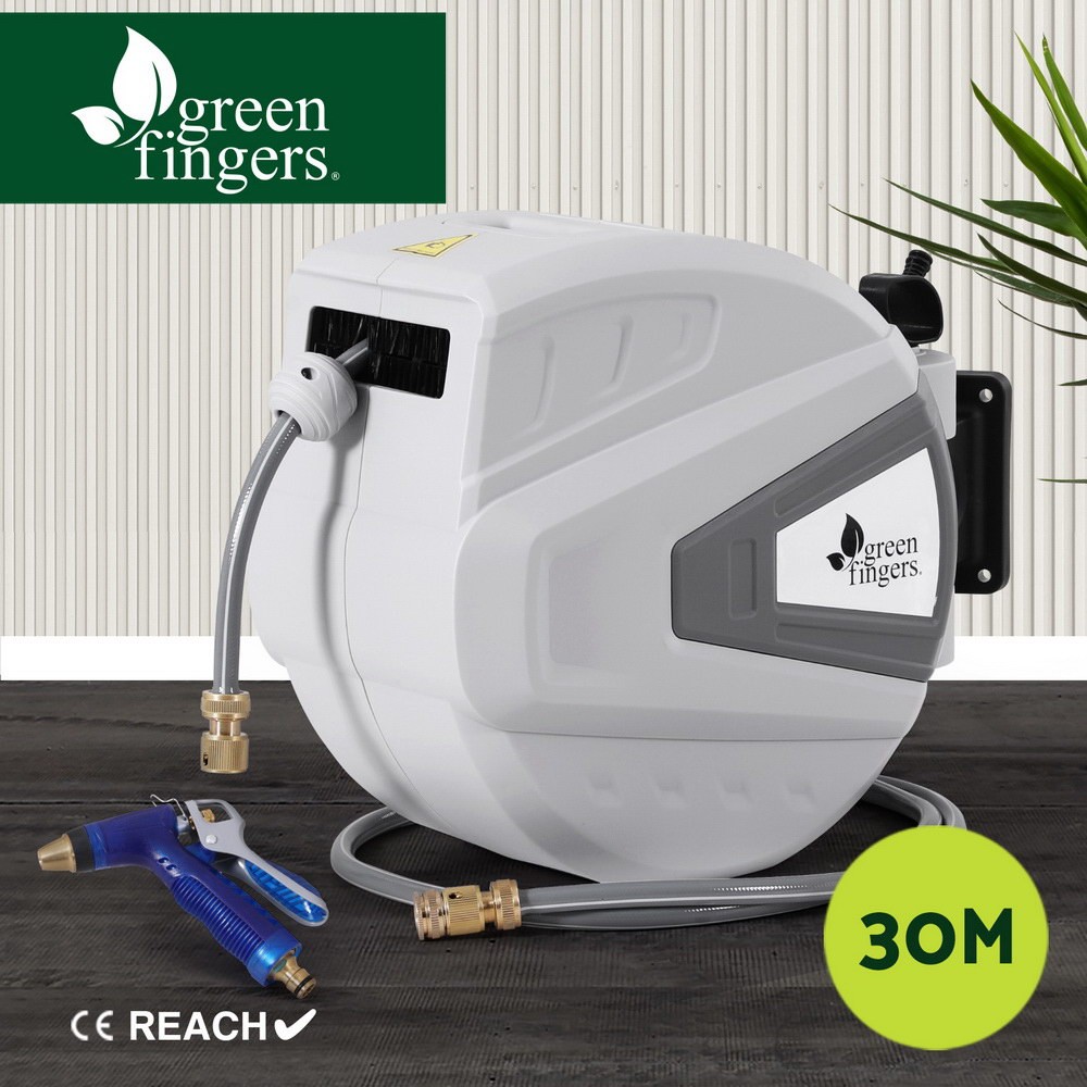 Green Fingers 30M Retractable Water Hose Reel Auto Rewind PVC Spray Wall Mount