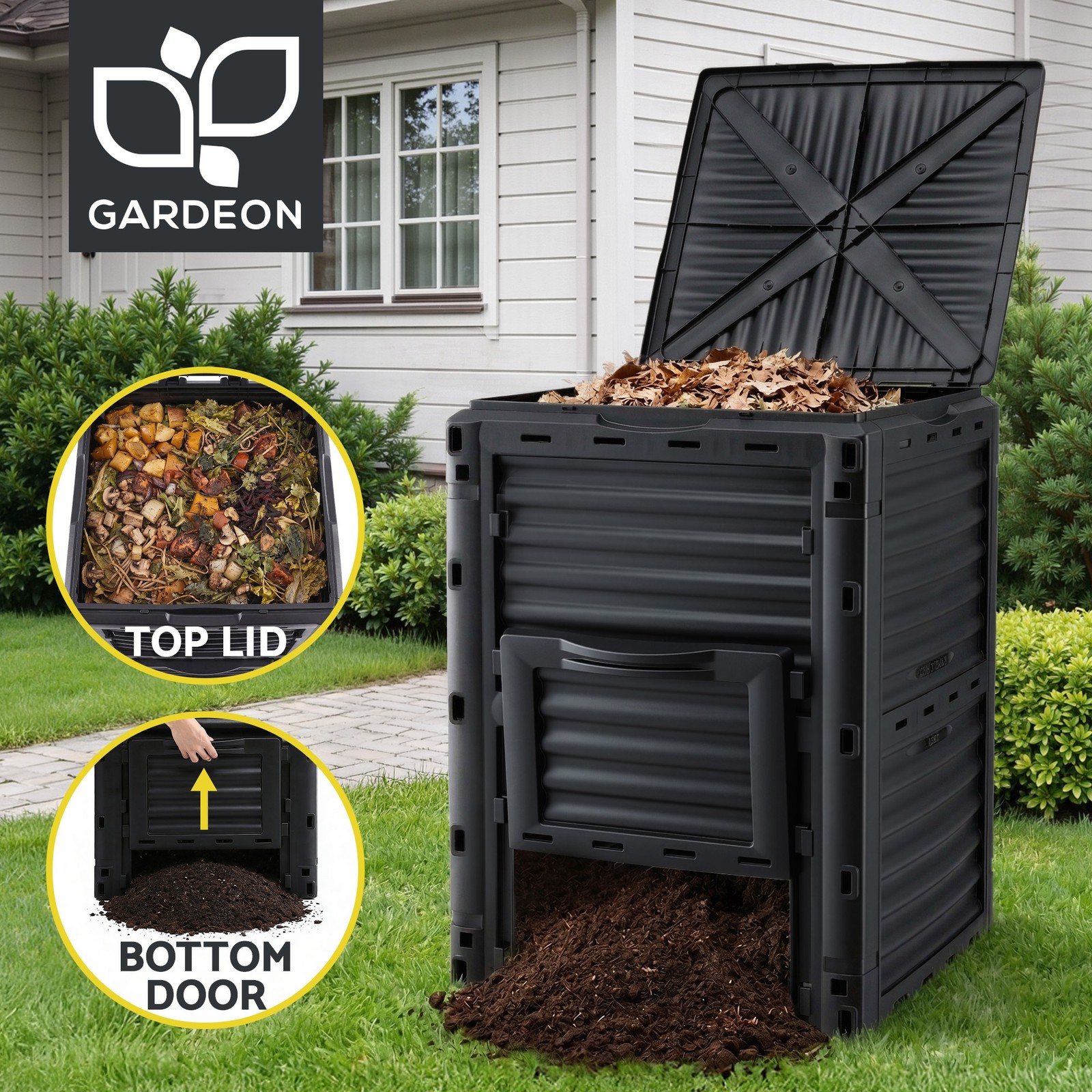 Gardeon 300L Compost Bin Dual-Chamber Aerating BPA-free Black L59 W58.5 H80cm