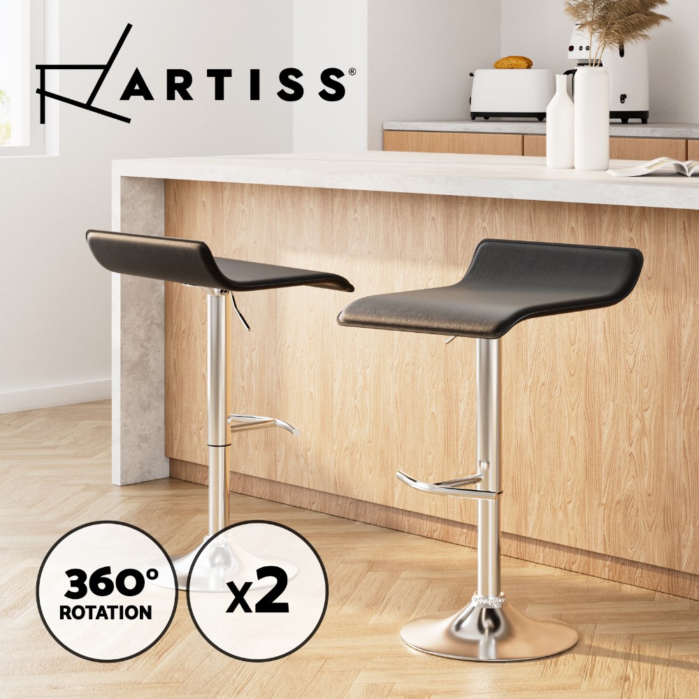 Artiss Sena 2x Adjustable Bar Stools Leather 360 Swivel Black Gas Lift Kitchen