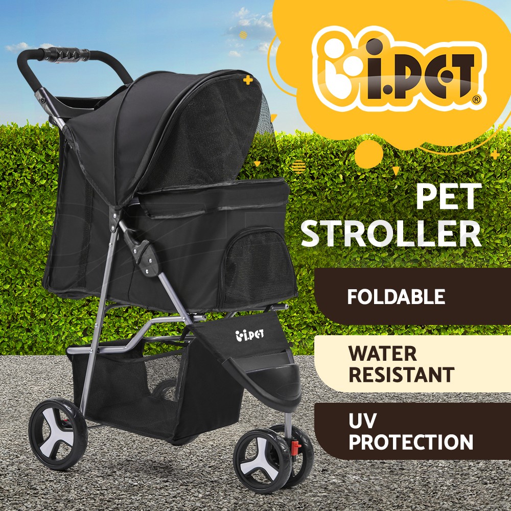 i.Pet Pet Stroller Dog Cat Carrier Travel 3-wheel Black One-step Foldable 25kg