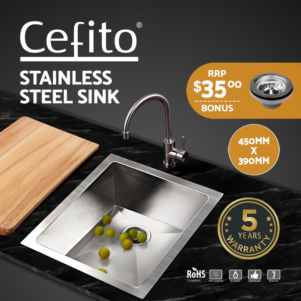 Cefito Kitchen Sink 304 Stainless Steel Single Bowl 450x390mm Drop-in Silver