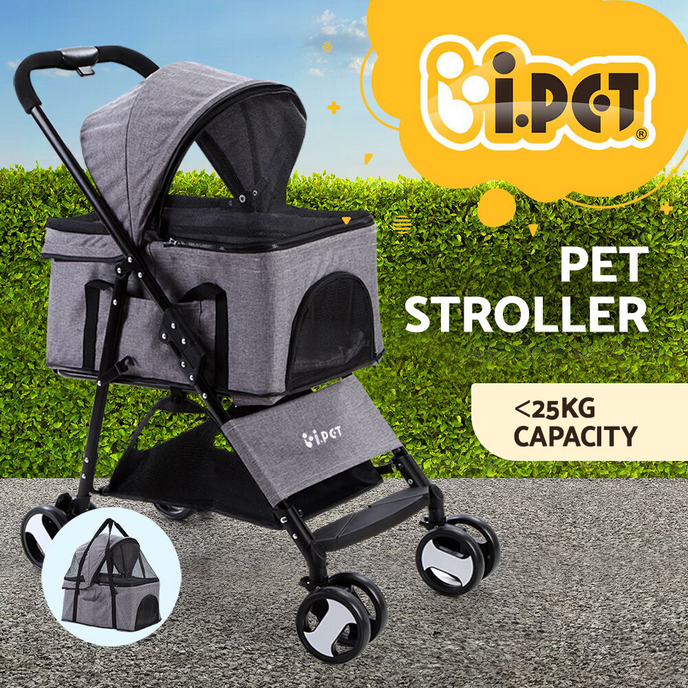 i.Pet Dog Stroller Pram Carrier 4 Wheel Foldable One-step Grey 25kg EVA Steel
