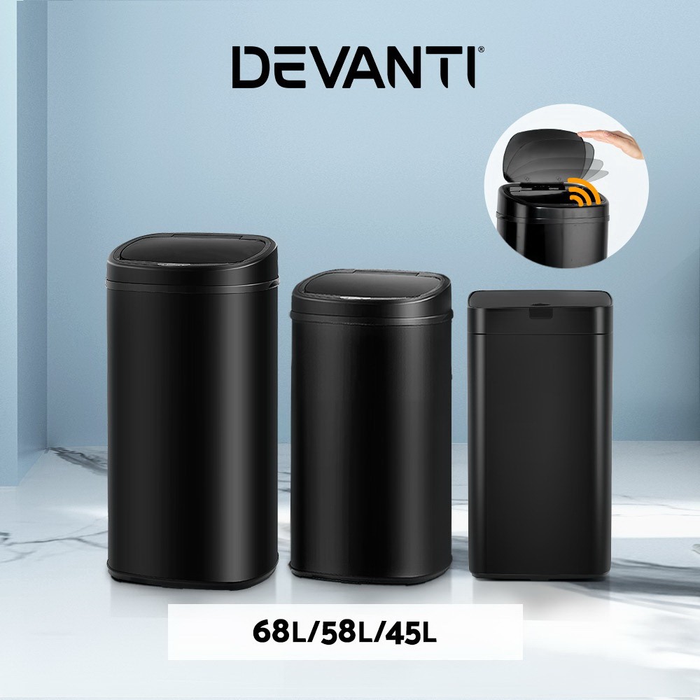 Devanti 45L Sensor Bin Black Motion Automatic Touch Free Stainless Steel Kitchen