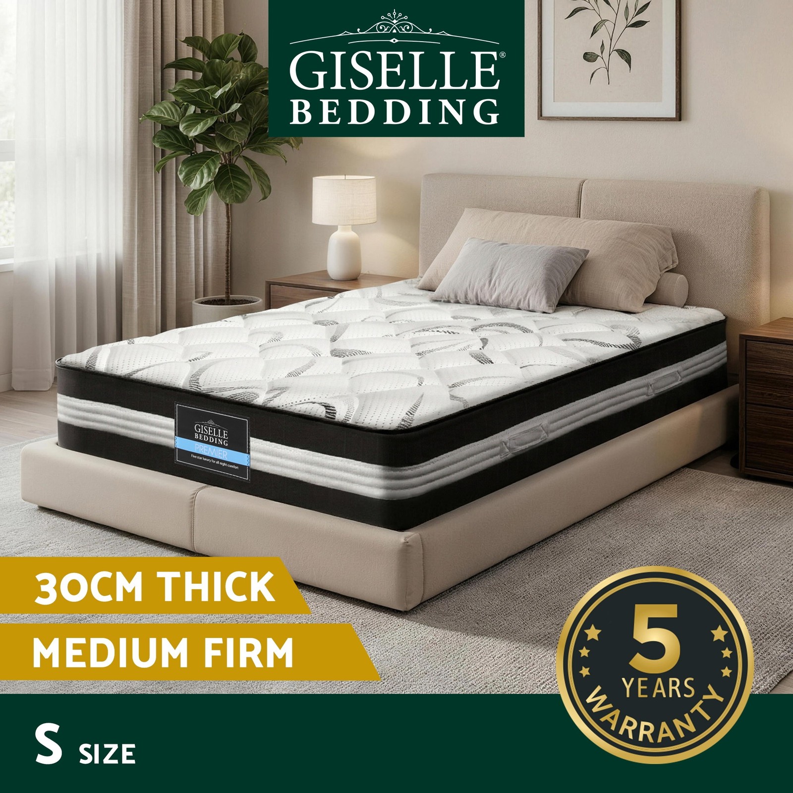 Giselle Bedding TT30 Single Mattress 30cm Medium-Firm Pocket Spring Foam 5 Zone