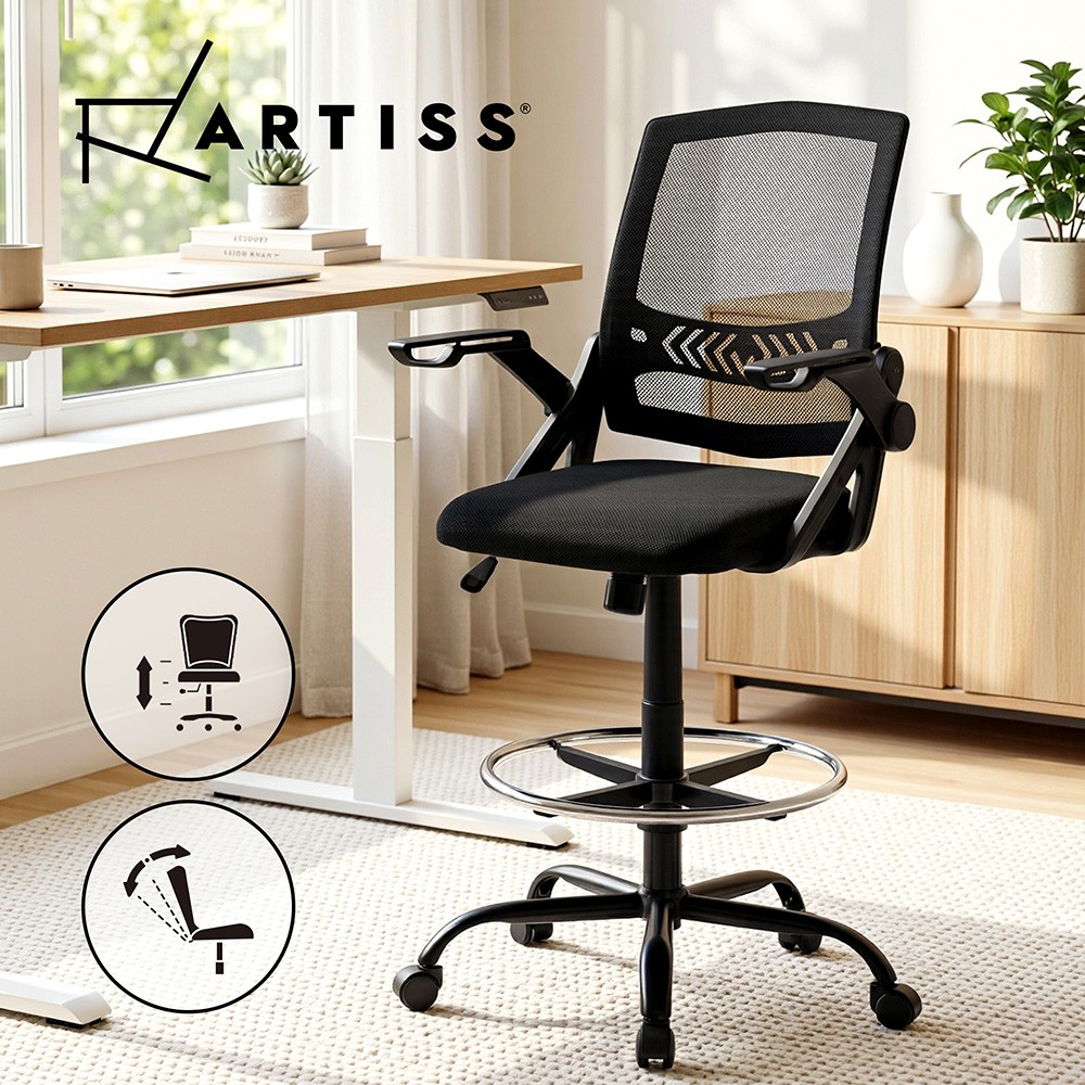 Artiss Drafting Office Chair Adjustable Height Mesh Back Flip-up Arms Black