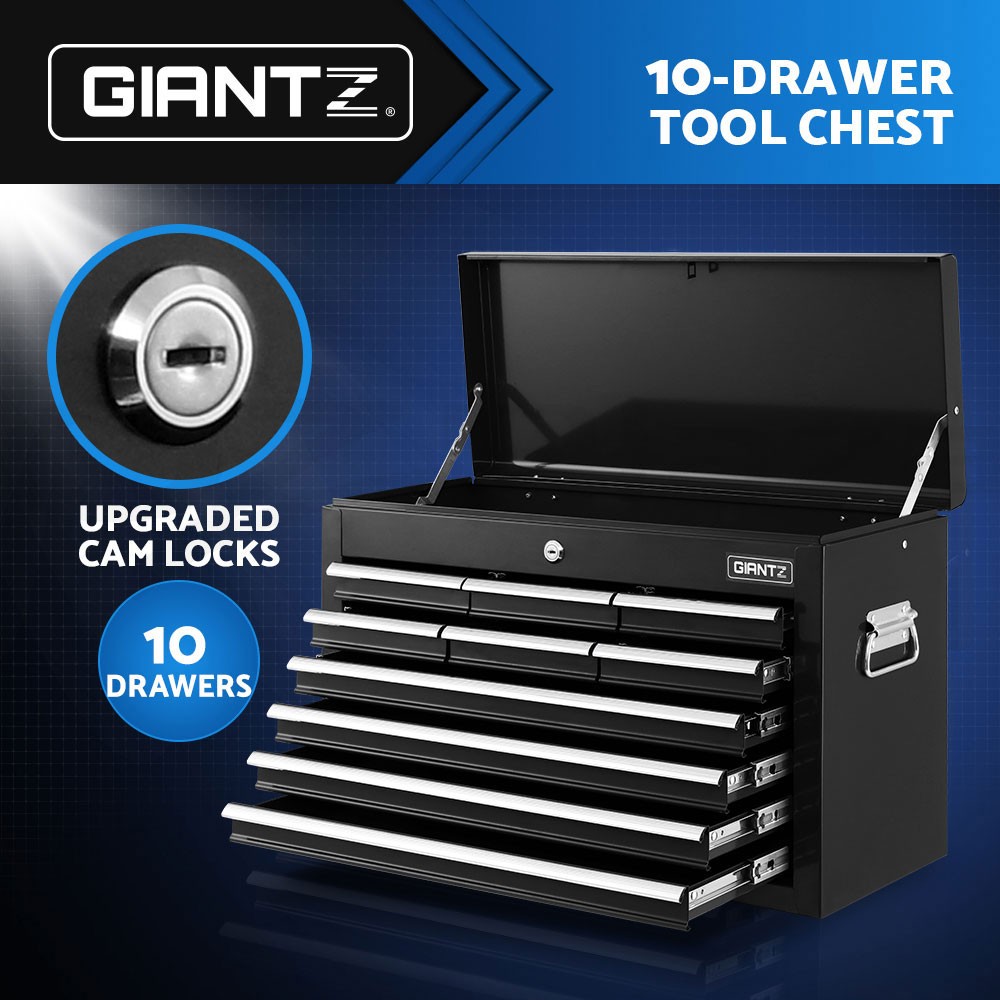 Giantz 10 Drawer Tool Chest Steel Lockable Black 75kg Bearing Slides Storage