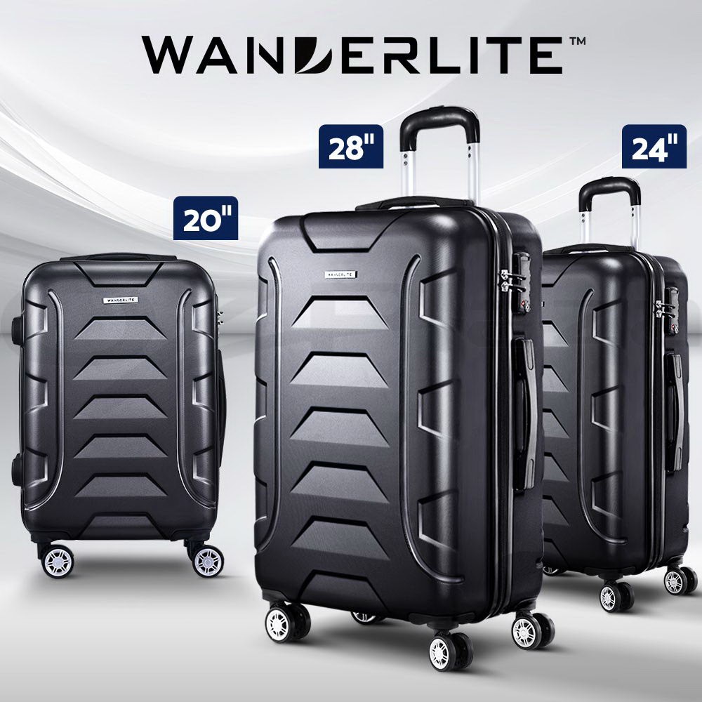Wanderlite 3pc Luggage Trolley Suitcase Set 20 24 28 Black ABS TSA Lightweight