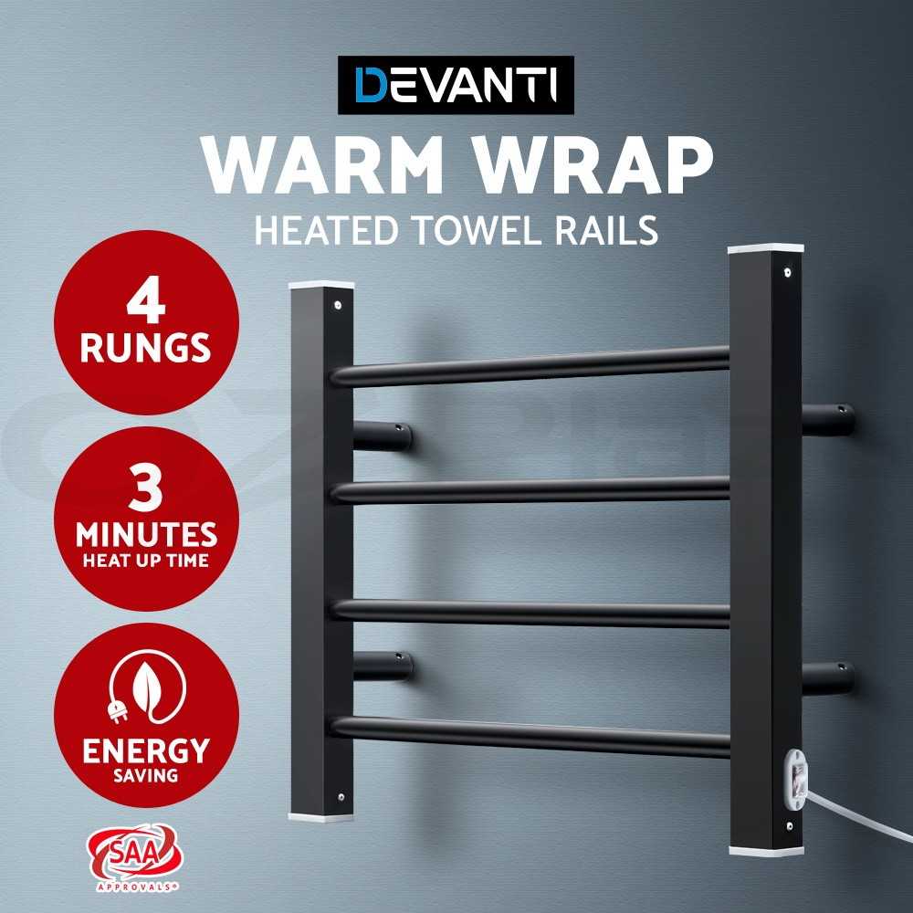 DEVANTI Electric Heated Towel Rail Bathroom Warmer 10 Rails Black IPX4 160W Rack