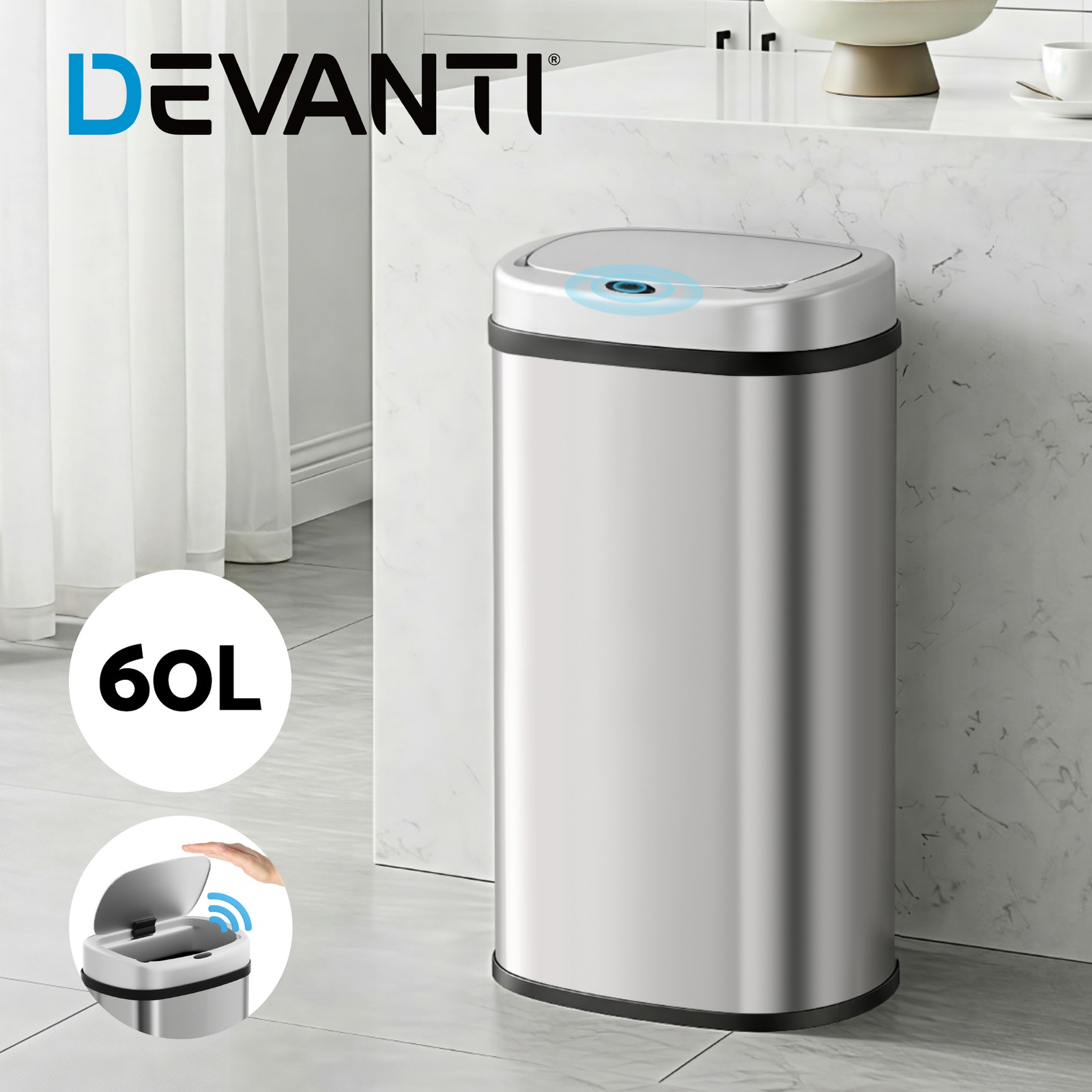 Devanti 60L Motion Sensor Automatic Rubbish Stainless Steel Silver Hands-free
