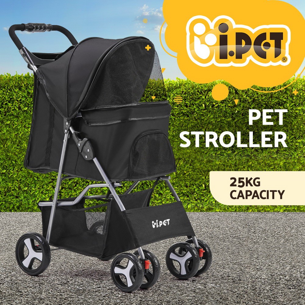 i.Pet 4-Wheel Pet Stroller Dog Cat Pram Foldable Black 25kg Rain Screen Oxford