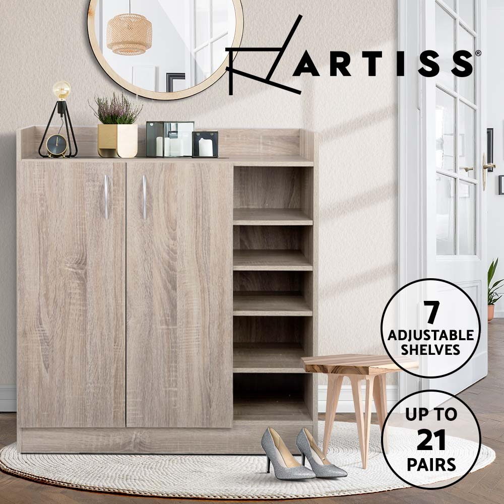 Artiss Shoe Cabinet 21 Pairs Adjustable Wooden Storage Organiser Two Door Beige