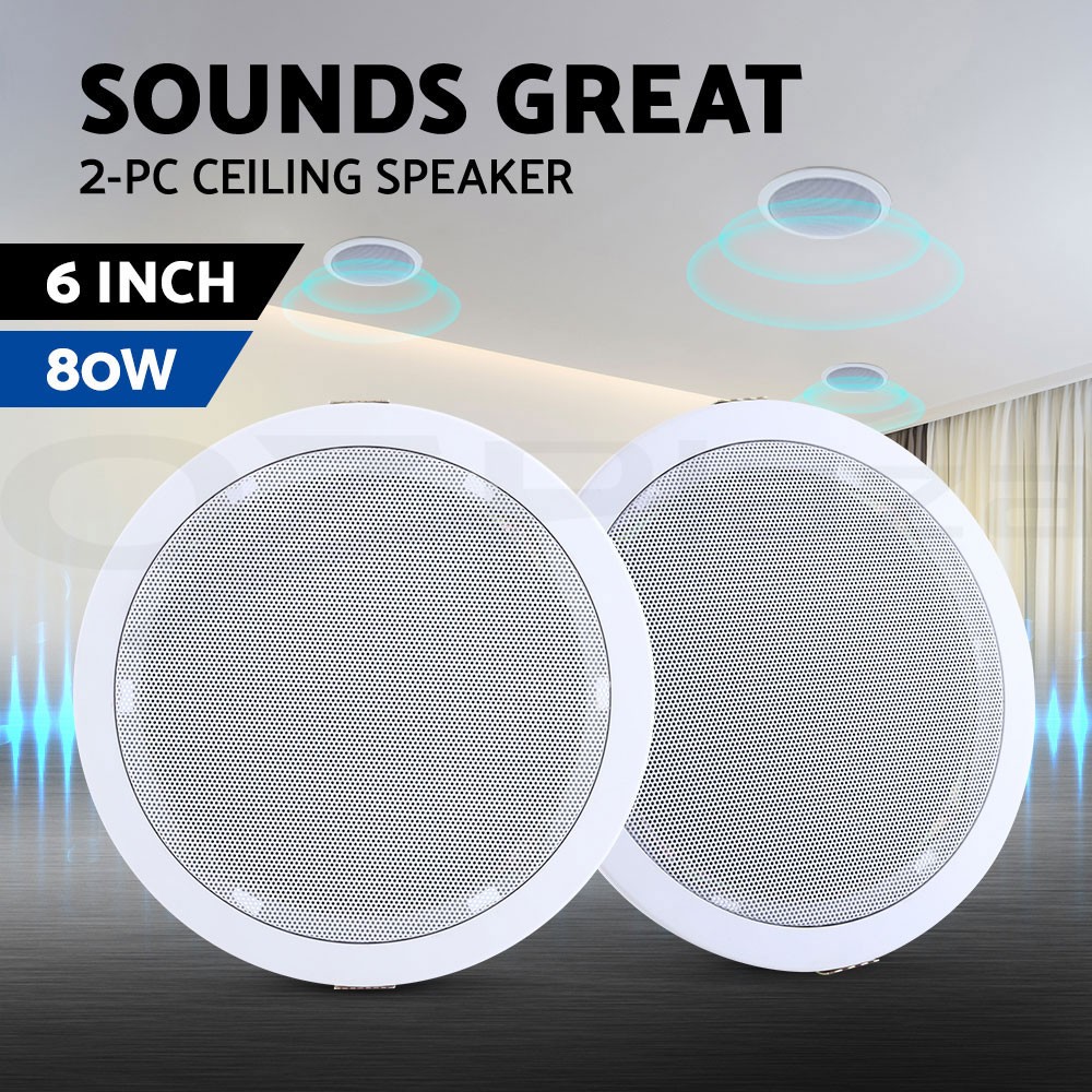 Giantz 6-inch Ceiling Speakers MSR127 80W White Wired In-Wall Audio x2 Universal