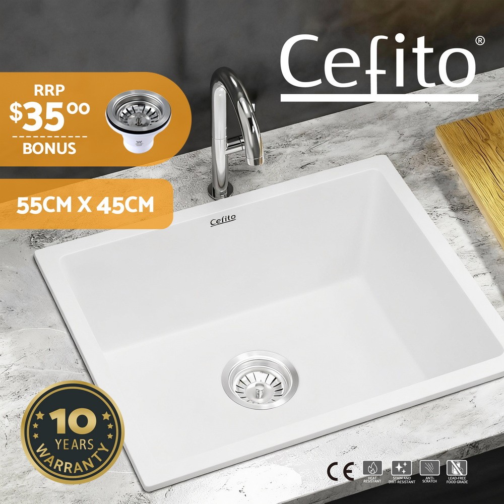Cefito Granite Stone Kitchen Sink Single Bowl White 55x45cm Waste Strainer