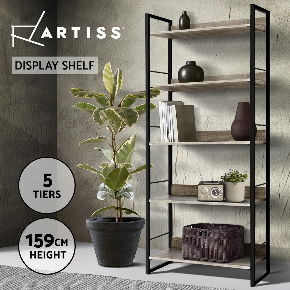 Artiss Bookshelf 5 Tiers Display Bookcase Black Wood Metal 70.5cm 30cm 159cm