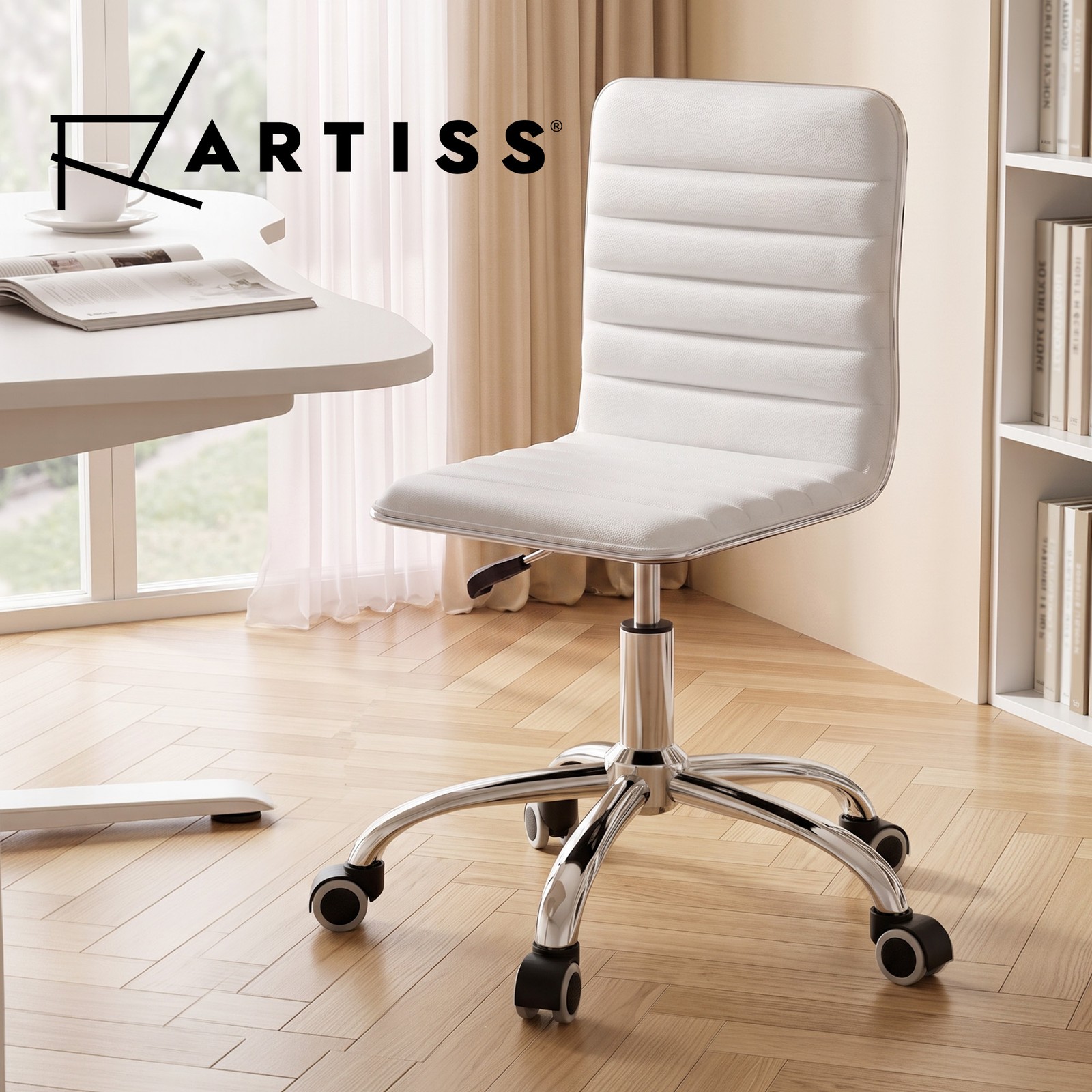 Artiss Office Chair Leather White Adjustable Height Low Back 360 Degrees Swivel