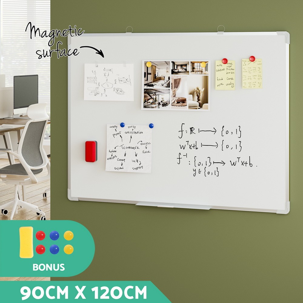 Magnetic Whiteboard 90x120cm Double-Sided Lockable Casters Marker Eraser Magnets