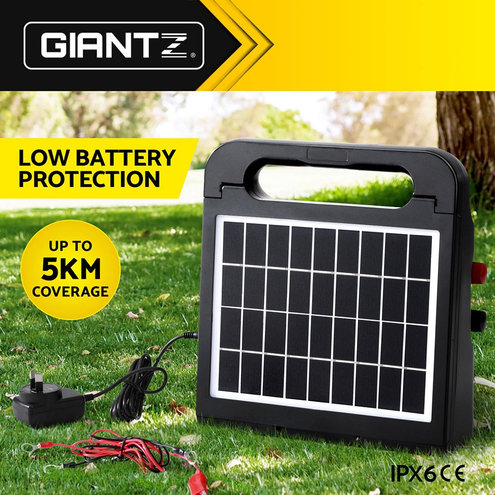 Giantz Solar Electric Fence Energiser 5km 0.15J 6KV IPX6 Black 6V 7Ah Battery