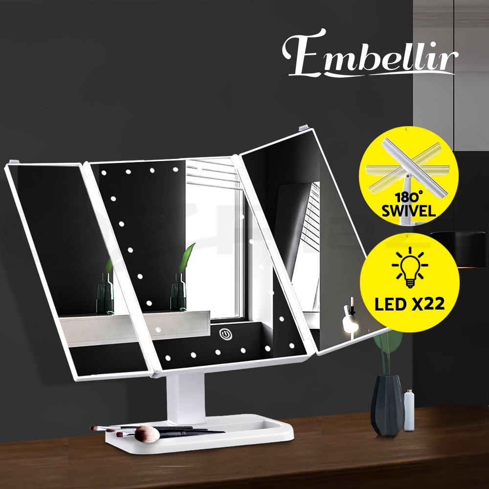 Embellir LED Makeup Mirror Tri-Fold Touch 22 Lights Tabletop 180 Swivel White
