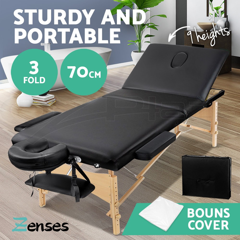 Zenses Massage Table Portable 3 Fold 70cm Black Carry Bag Disposable Cover Set