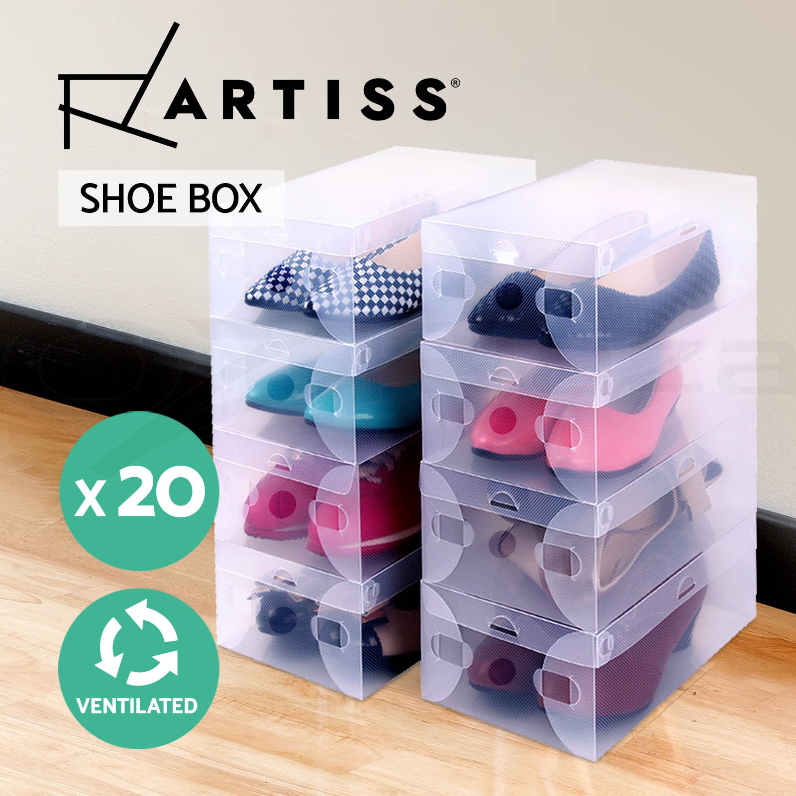 Artiss 20X Foldable Stackable Clear Plastic Shoe Box Storage Case SHOEBOXPP20
