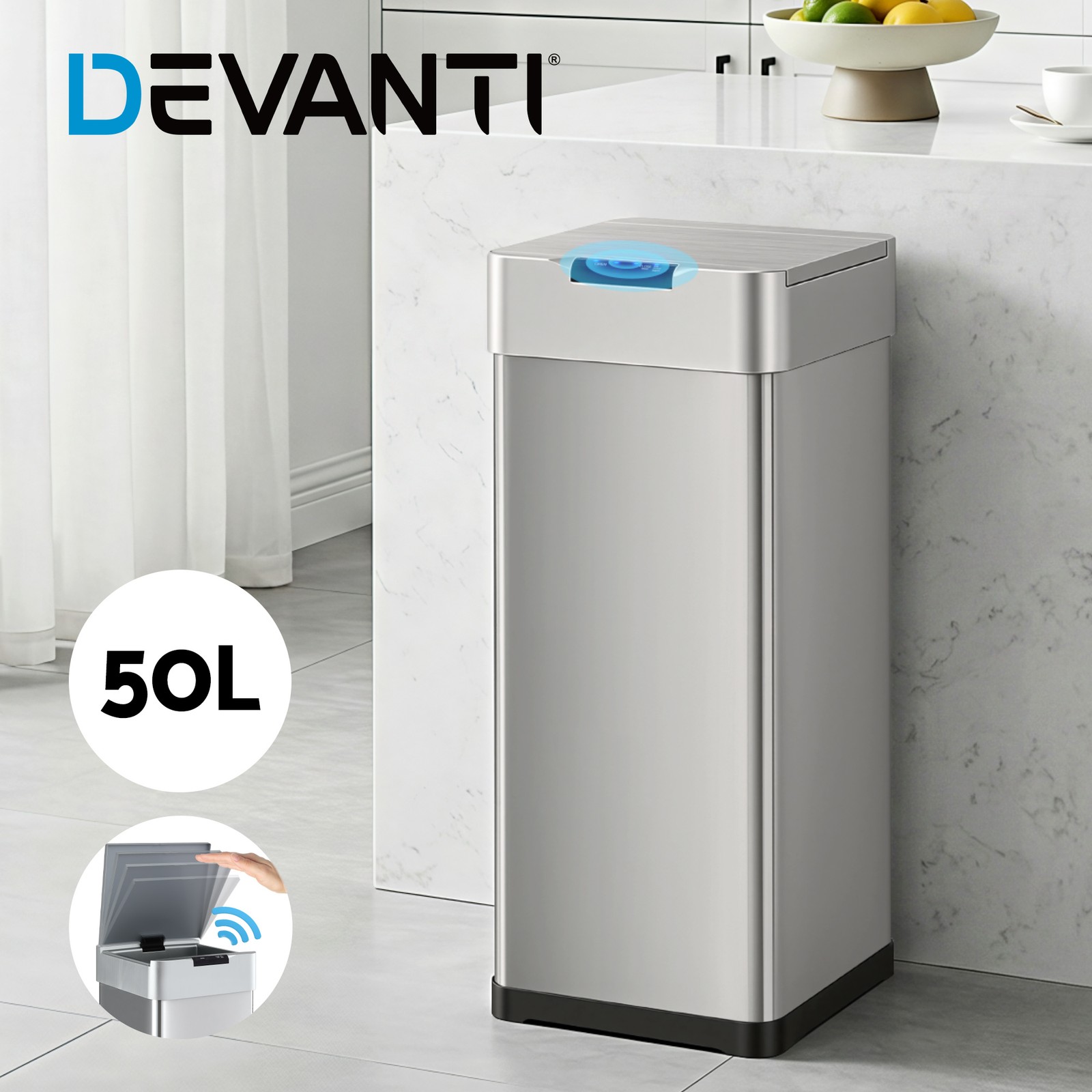 Devanti 50L Motion Sensor Bin Automatic Kitchen Silver Hands-free Soft Close