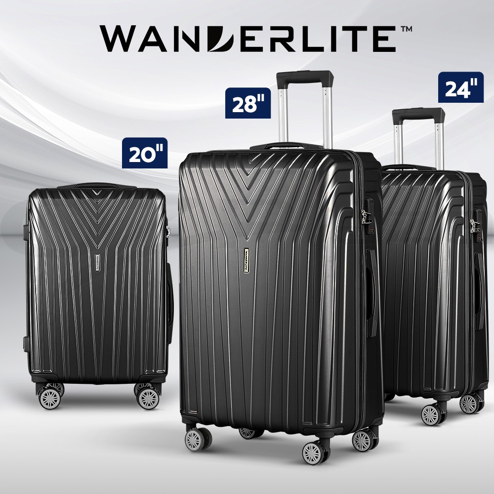 Wanderlite 3pc Luggage Trolley Suitcase Set 20 24 28 Black Pink TSA Hard Case