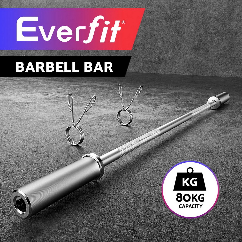 Everfit Training Barbell Bar 1.2m Straight Steel Silver 80KG Diamond Knurling