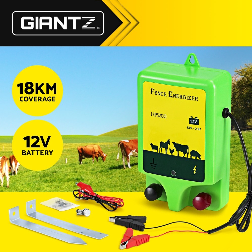 Giantz 18km Electric Fence Energiser 1.56J Battery-powered Charger Green Metal