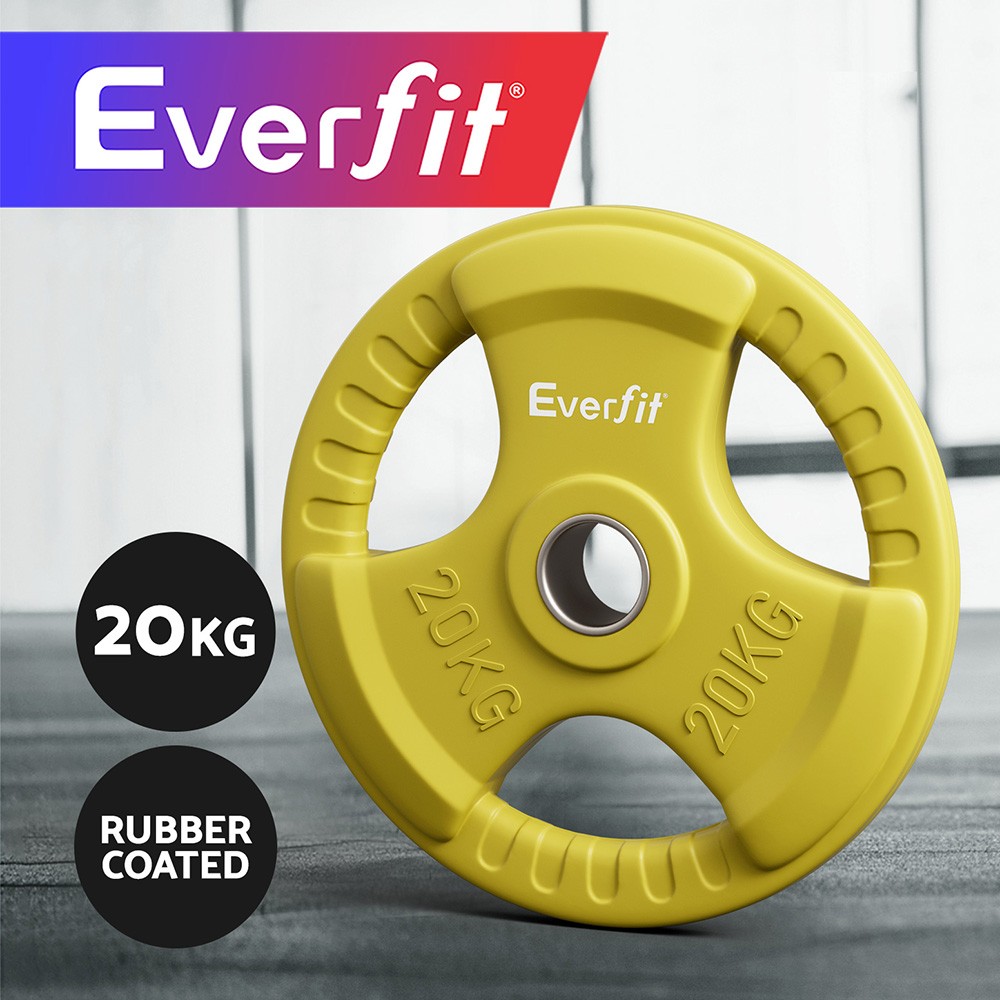 Everfit Olympic Weight Plate 20kg Cast Iron Yellow three-hole Dumbbell Barbell