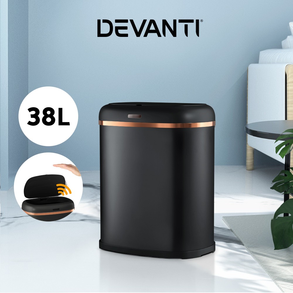 Devanti 38L Motion Sensor Bin Automatic Rubbish Trash Can Kitchen Black Steel