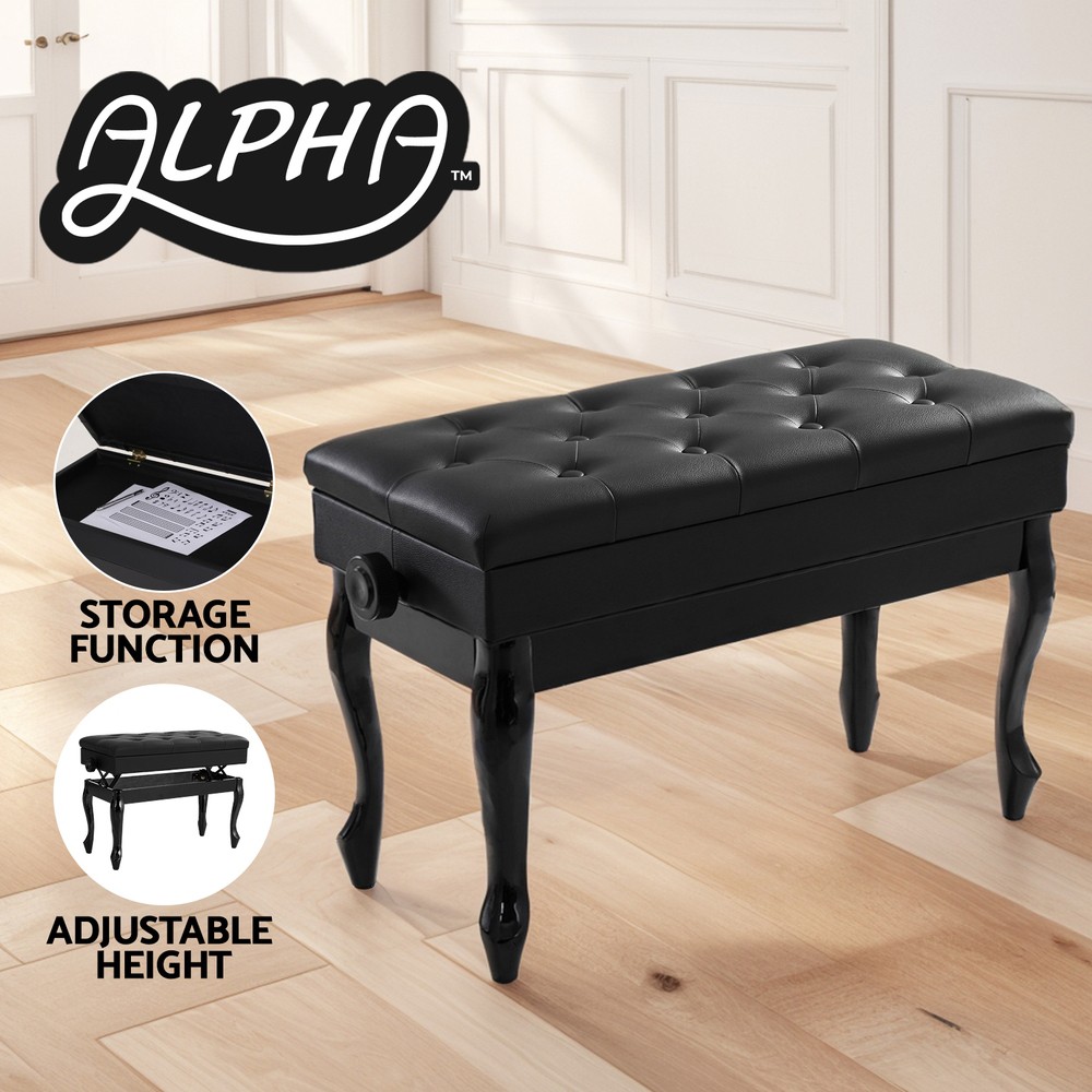 Alpha Piano Bench Adjustable Height Seat Storage Black PU Leather 75X34X47cm