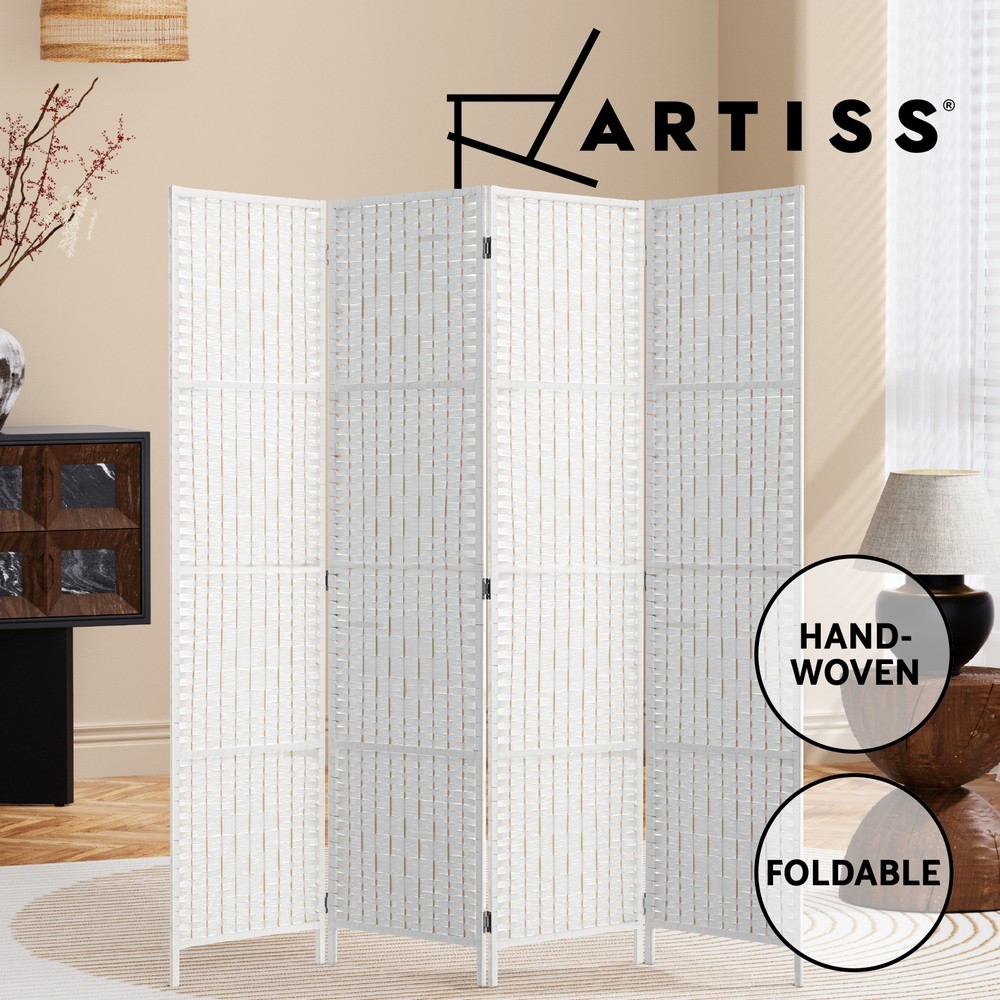 Artiss 4 Panel Room Divider RD-C-8001-4P-WH Hand-Woven Rattan White Foldable