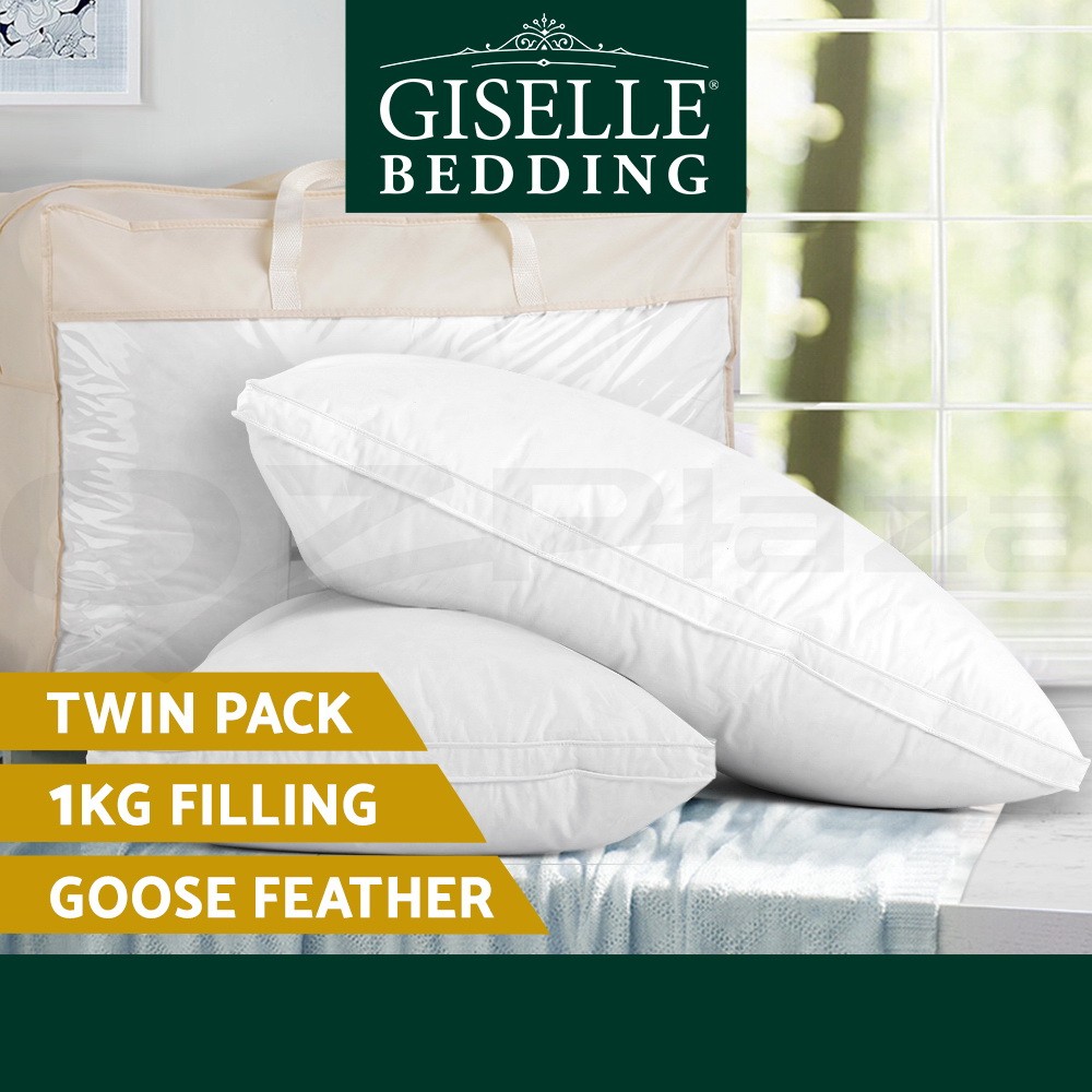 Giselle Bedding Goose Feather Down Pillows Twin Pack White Cotton Shell 75 50cm