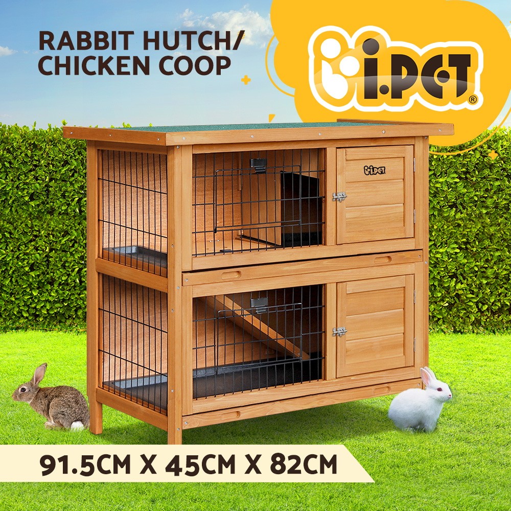 i.PET Rabbit Hutch 2 Tiers Fir Wood Outdoor Run Cage 91.5cm 45cm 82cm Brown