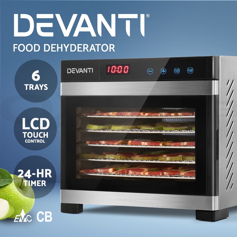 Devanti Food Dehydrator 6 Trays Stainless Steel LCD Touch Control Silver Fruit