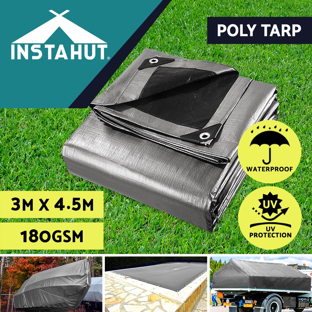 Instahut Polyethylene Tarpaulin Tarp 3m 4.5m Waterproof 180gsm Silver Heavy Duty