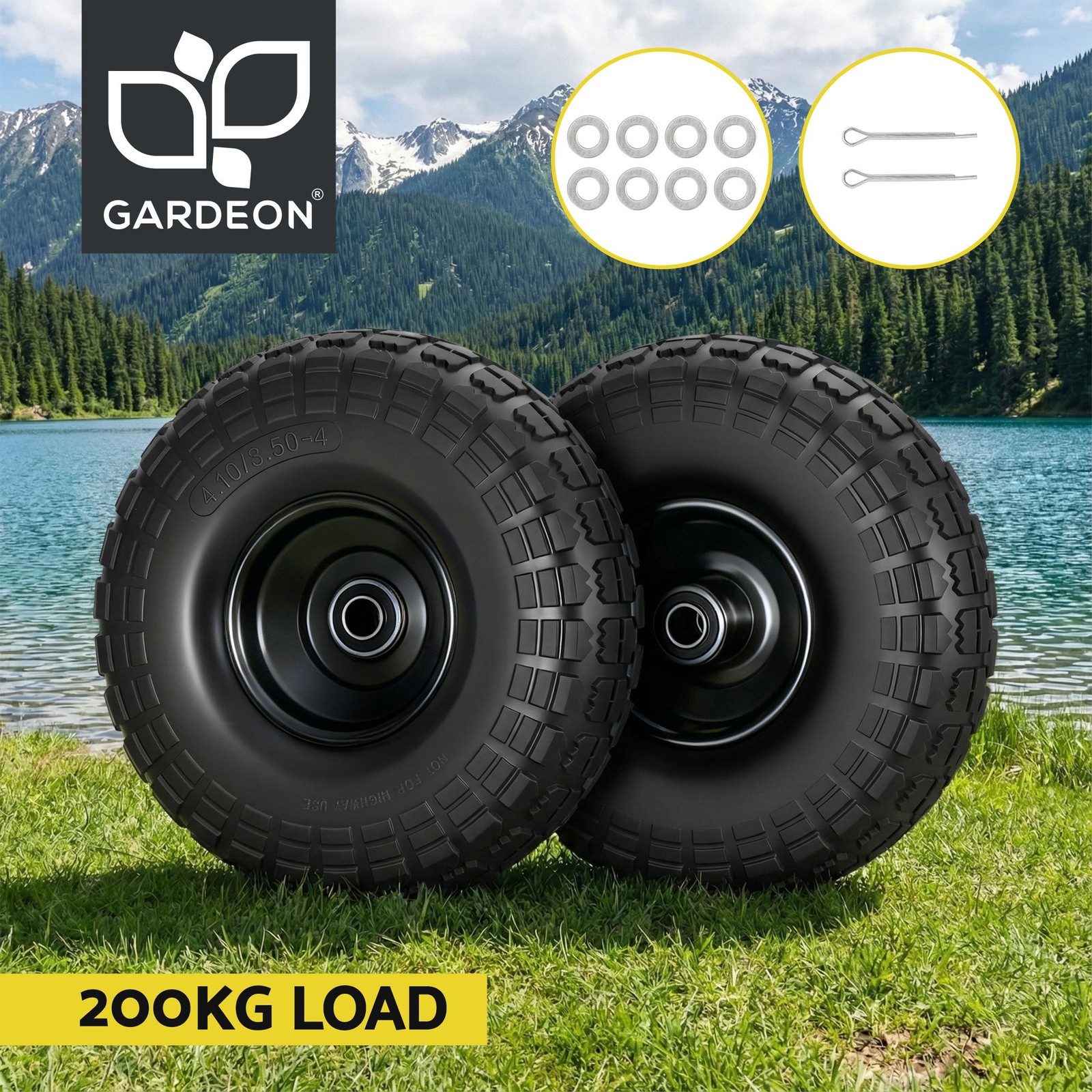 Gardeon 2pcs 4.10/3.50-4 Flat Free Rubber Wheels 16mm Axle Garden Carts Black