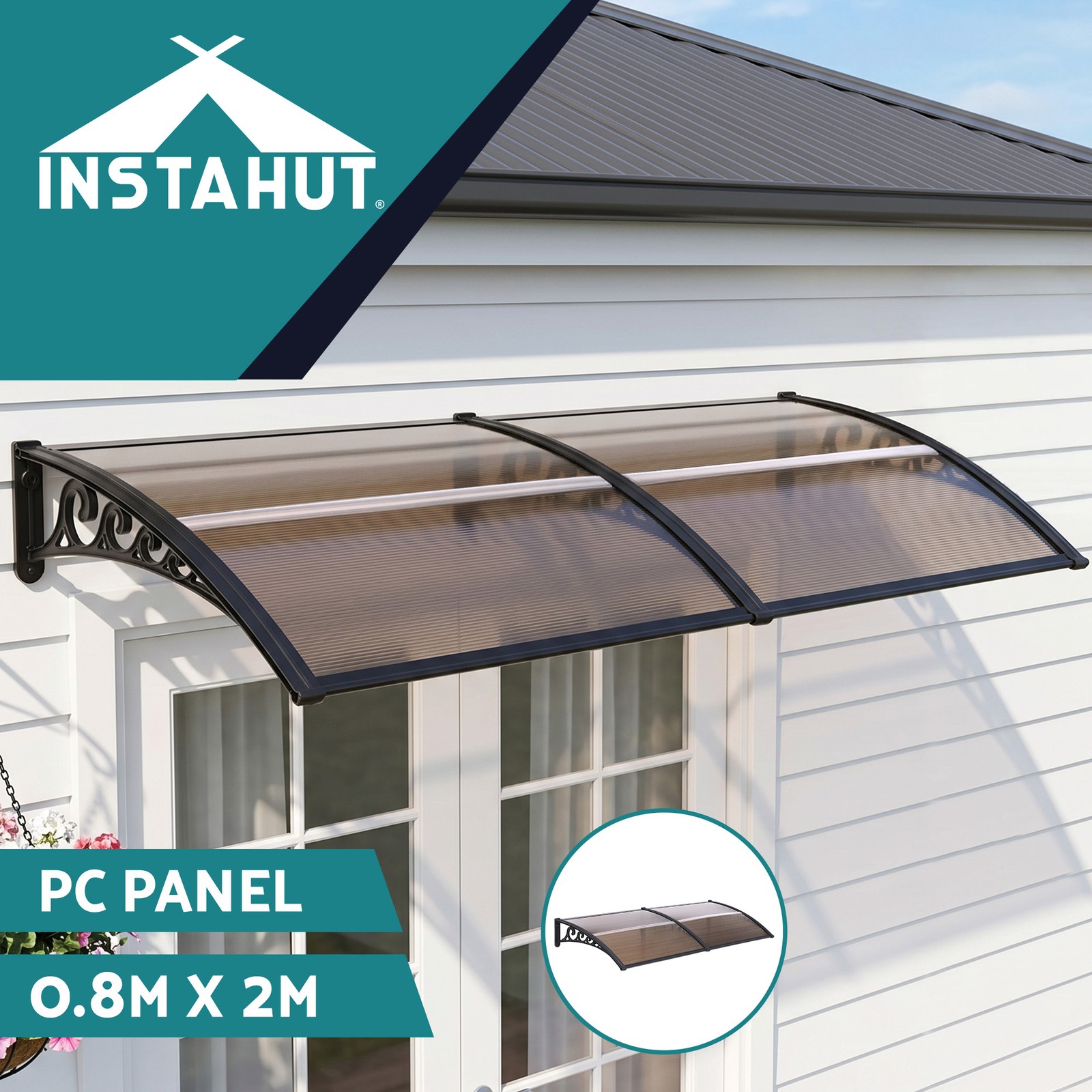 Instahut Window Door Awning 0.8mx2m Brown Hollow PC Panel UV Rain Resistant