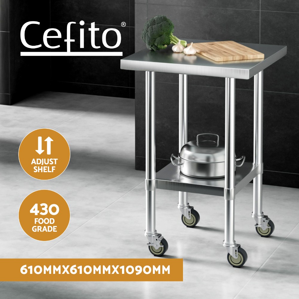 Cefito 430 Stainless Steel Work Bench Food Prep Table Wheels Adjustable Shelves