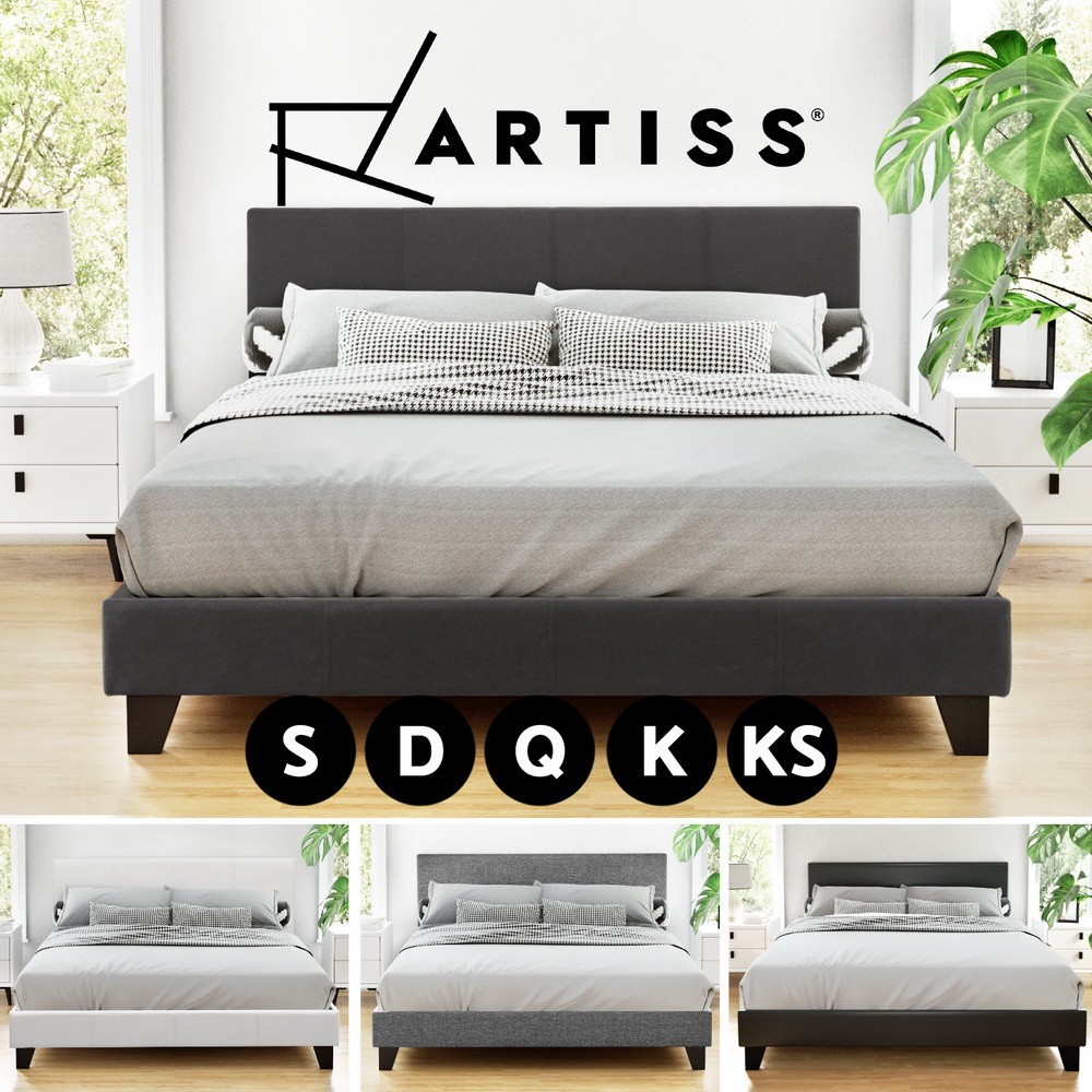 Artiss Neo Bed Frame Double Black Leather Upholstered Wooden Slatted Foundation
